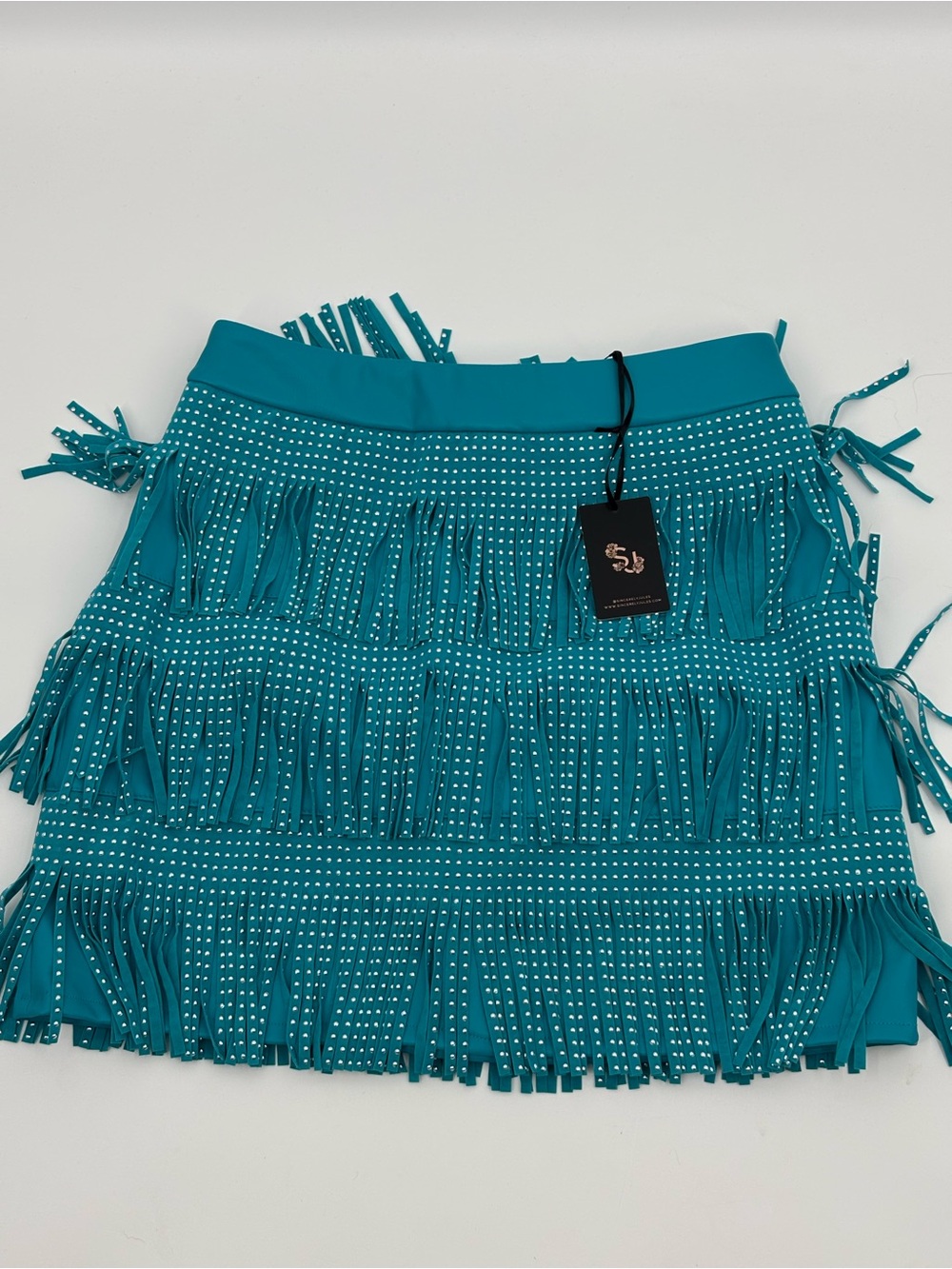 Sincerely Jules Blue Faux Leather Fringe Studded Mini Skirt Sz Med. NWT Western